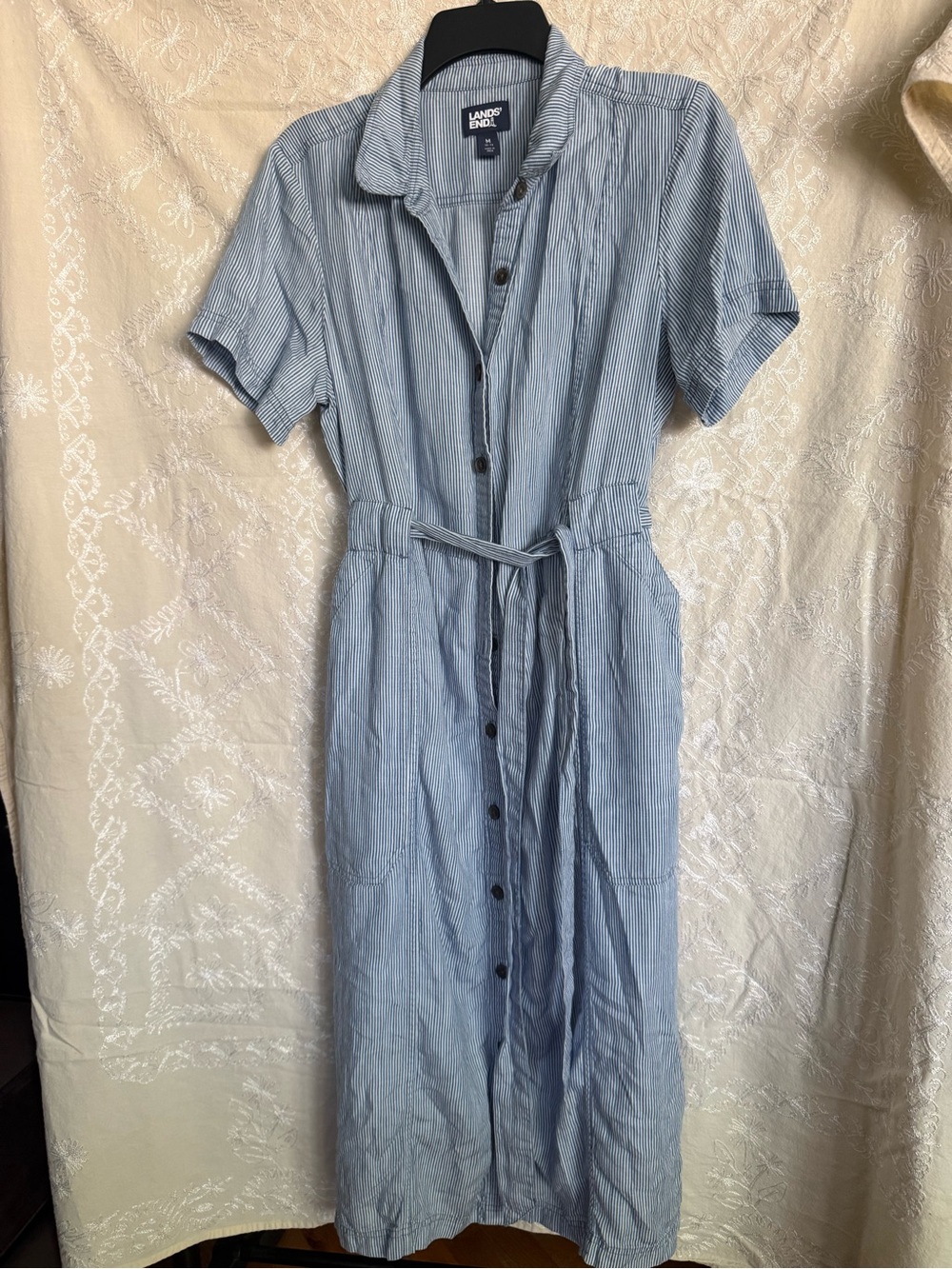 Lands' End Blue & White Pinstripe Shirt Midi Dress